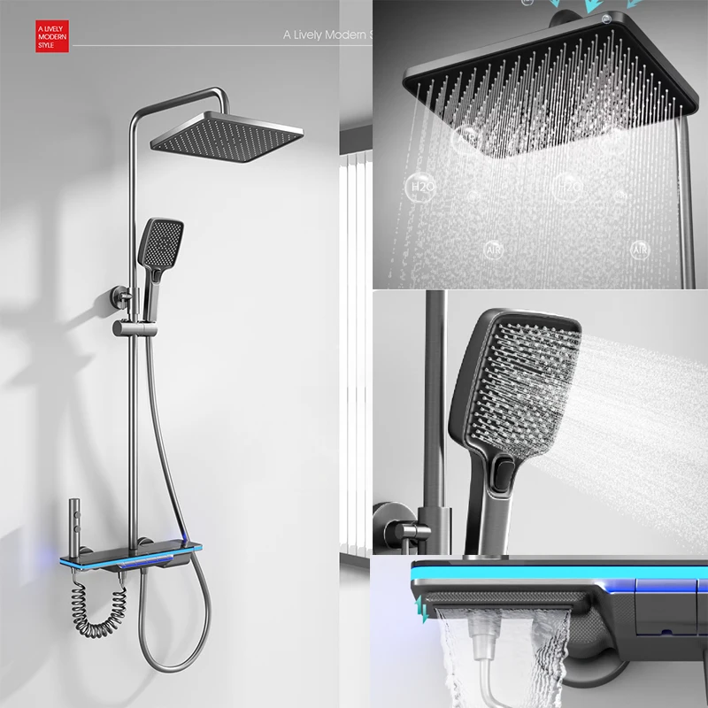 

Bathroom Shower Full Set Black White Gray Bathtub Shower System Rain Pressurized Digital LED Shower Sets Hot Cold Shower Faucet