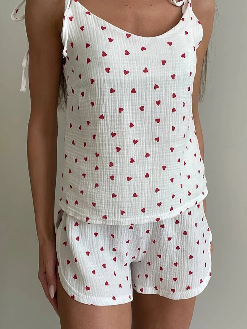 

Marthaqiqi Summer Ladies Pajamas Set Spaghetti Strap Sleepwear Lace Up Nightgowns Tank Top Nightwear Shorts Cotton Home Clothes