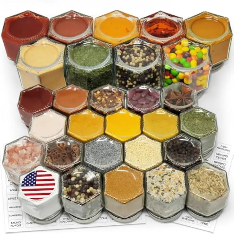 

Magnetic Spice Jars Combo Pack 29 Pack (9 Large 4 oz + 20 Small 2 oz) Refrigerator Hexagon Glass Spice Jar Magnetic Lid Shaker S