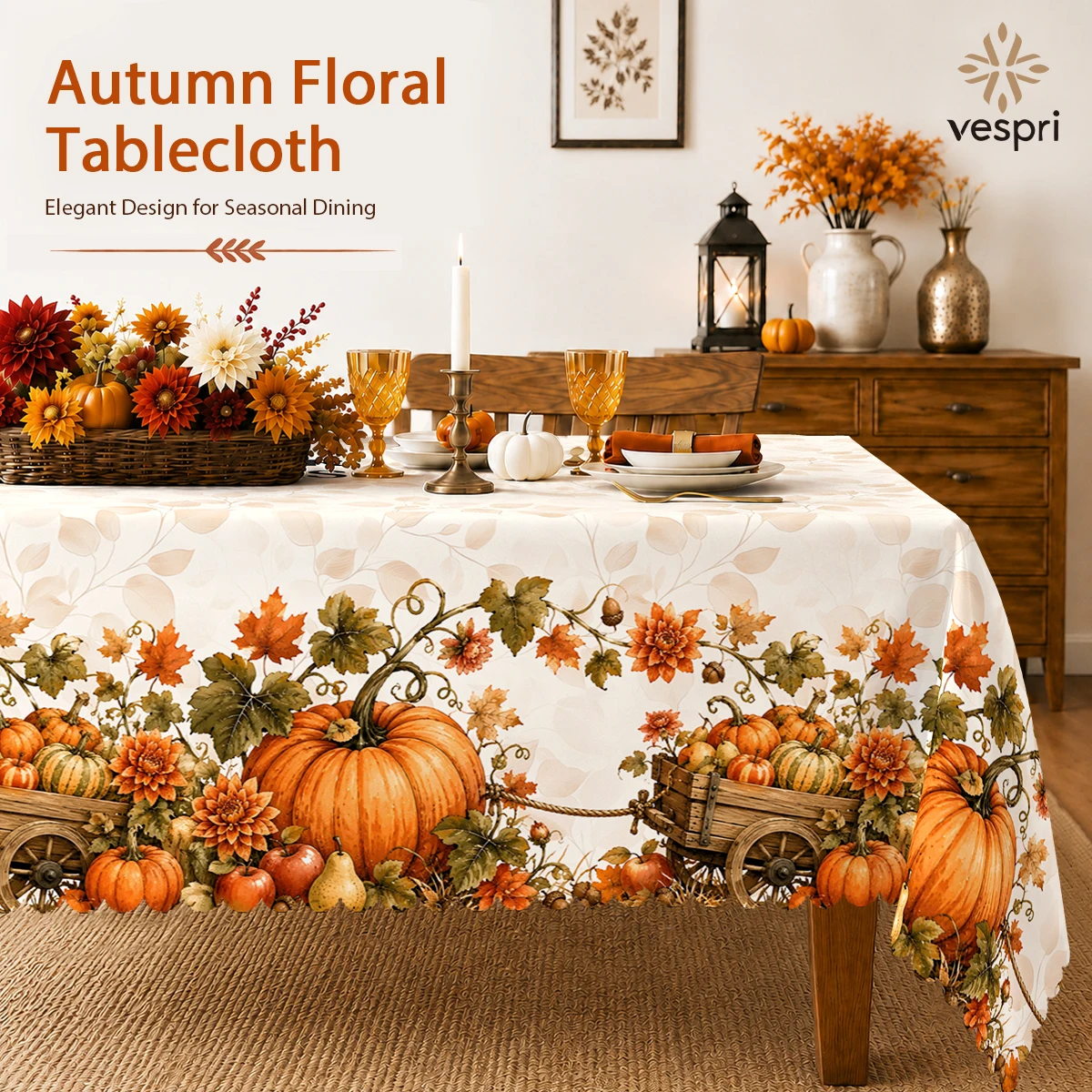 Harvest Tablecloth with Pumpkins, Carts & Harvest Florals for Indoor/Outdoor Camping decor, Rectangular/Round/Oval