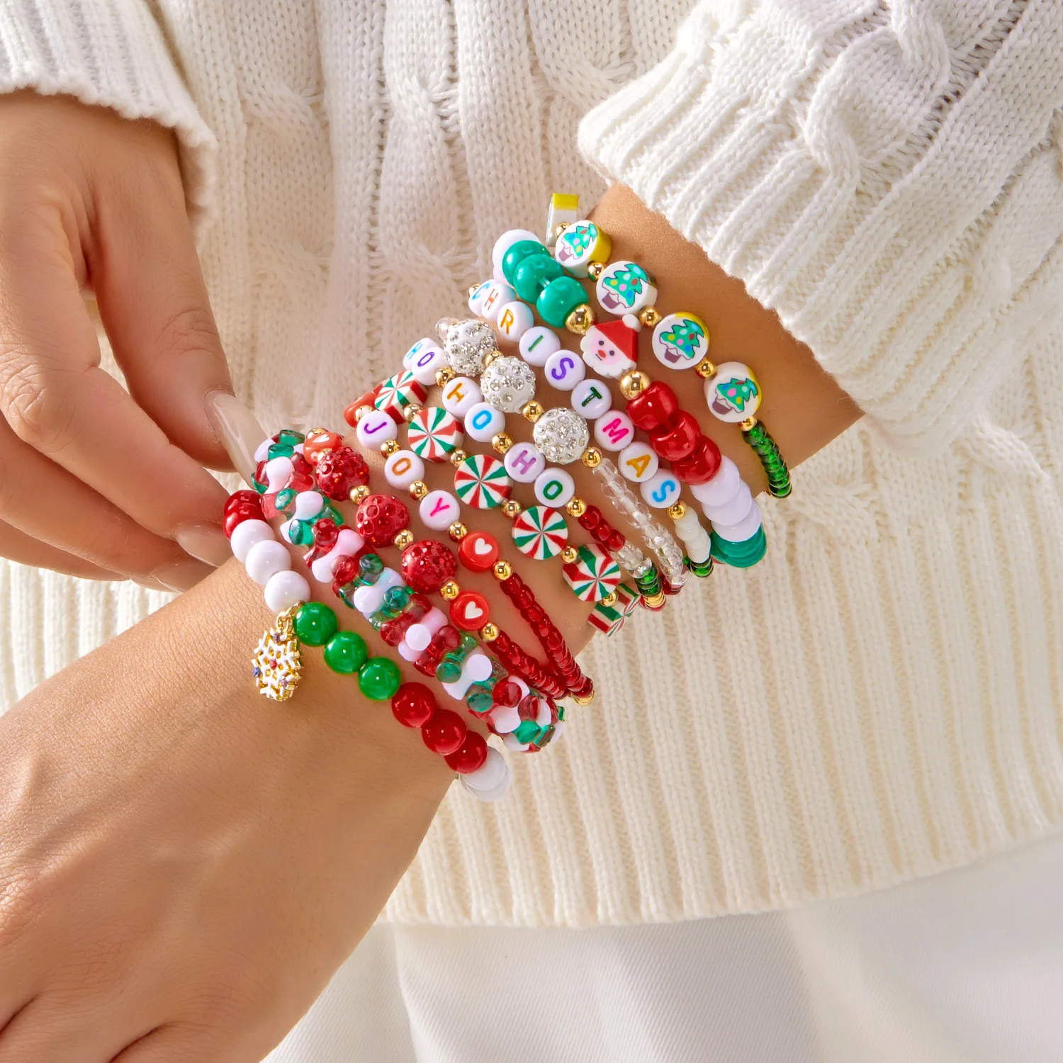 

Christmas Crystal Beaded Stackable Bracelet Set for Women Y2k Style Snowman Elk Snowflake Xmas Tree Resin Acrylic Bangle Jewelry