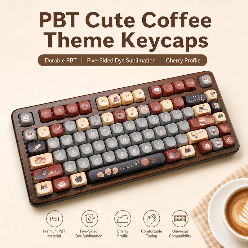 Coffee Cat Cute Keycaps,138 Full Set MOA Profile Doubleshot Custom PBT Key Cap For MX Mechanical Keyboards 60% 75% 80% 96% 100%