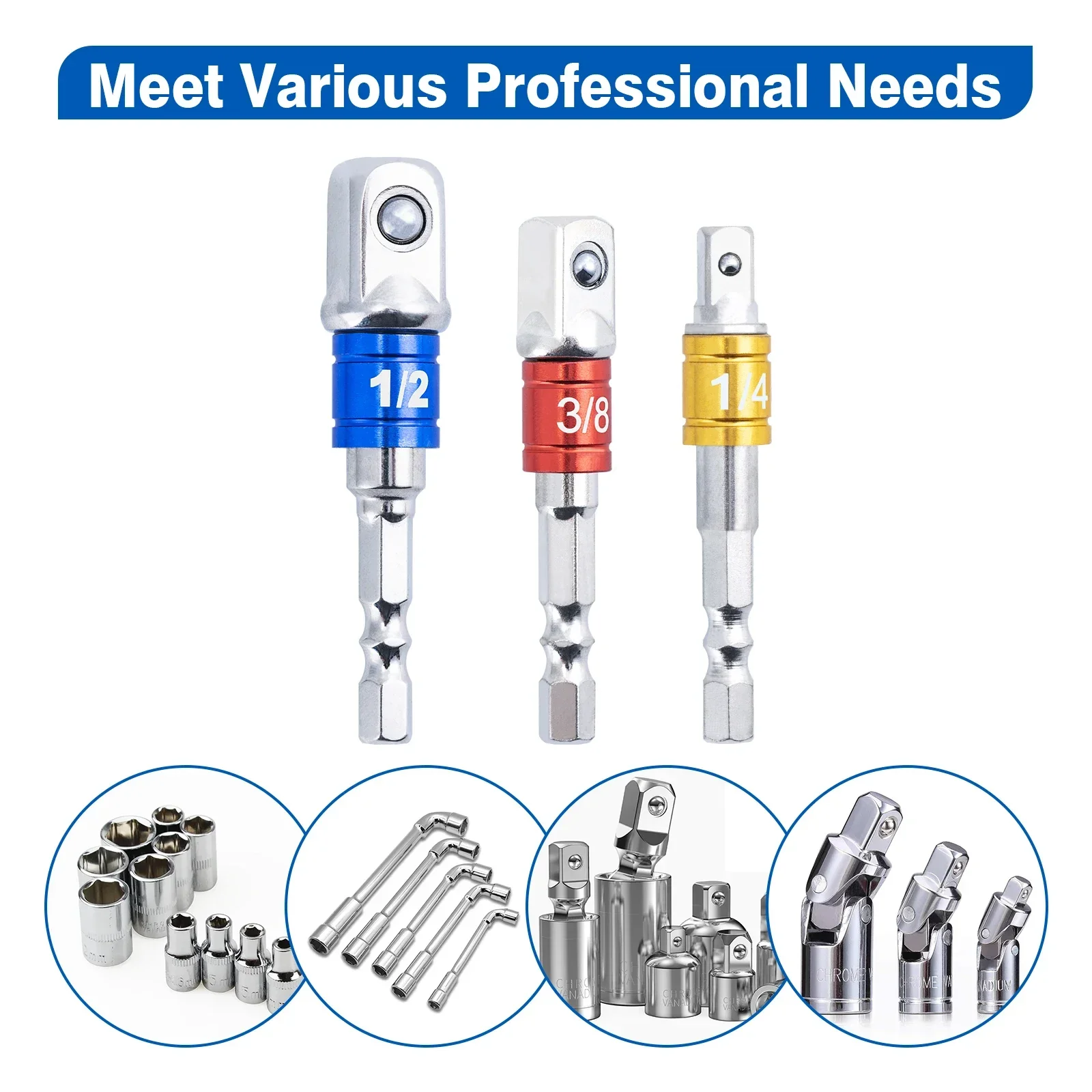 

3pcs Drill Bit Steel Ball Connector 1/4 3/8 1/2 Electric Hex Shank Sleeve Connector Head Adapter Impact Drill Extension Drill