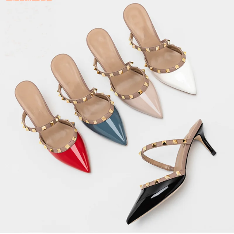Ladies British And American Style Thin Heels Slides Front Closed Toe Shoes Cross Strap Lock Studs Silver Trendy Copy Slippers 41