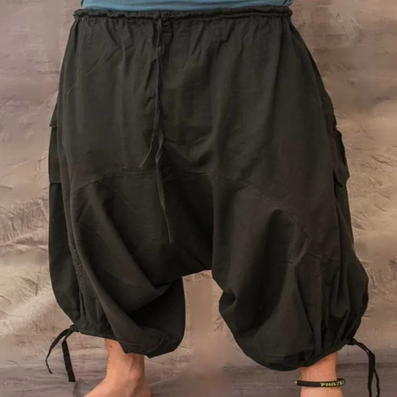 Pantalones de siete minutos para hombre, ropa informal holgada con múltiples bolsillos, algodón y lino, Color sólido, pantalón cruzado, estilo callejero Hip Hop, diseño Punk