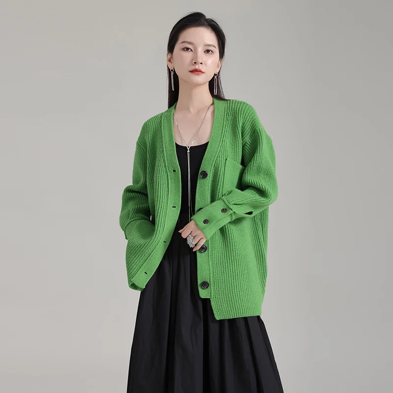 

Autumn Vintage Sweaters Green Cardigans Women Lazy Style Coats 2023 Winter Loose Mid-length V-neck Pocket Solid Long Sleeve Tops