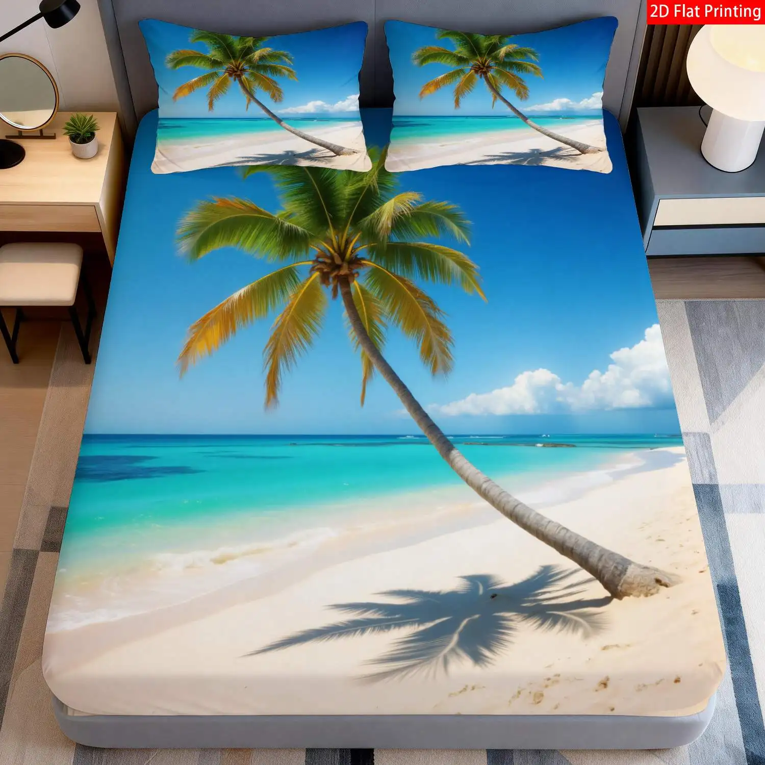 3-Piece Mattress Protector Set, Tropical Beach Themed Bedding, Suitable for Bedroom, Turquoise Palm Tree and Ocean Wave Print Fitted Sheet, Mattress Protector, Stain-Resistant, Suitable for All Seasons, Machine Washable, Easy to Care For, Suitable for Home Bedrooms, Essential for Dorms and Rentals, Master Bedroom and Guest Room Decoration, Dust-Proof and Stain-Resistant, High Elasticity, Fits Various Sizes