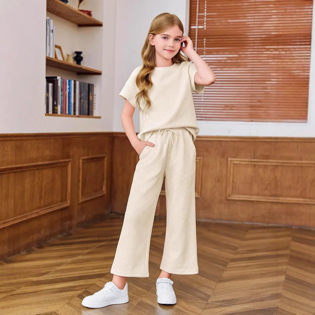 Autumn Winter Girls' Sporty Texture Set Casual Sweatshirt Two-Piece Set Long Pants Three-Quarter Sleeves Street Style  C...