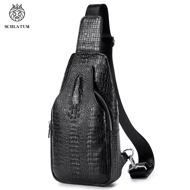 Crocodile pattern men's single-shoulder chest bag, top layer cowhide crossbody bag, men's large-capacity front crossbody bag