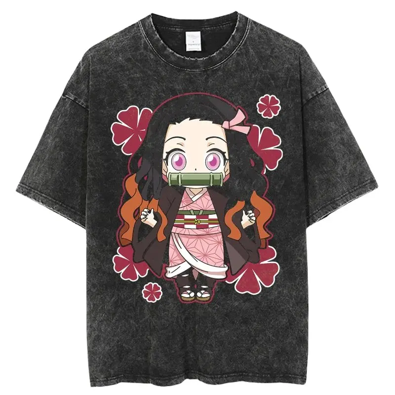 Koszulka Harajuku Anime Demon Slayer Nezuko Vintage Washed Graphic T-Shirt Męska Damska Bawełniana Krótki Rękaw Casualowe Topy Y2k Streetwear