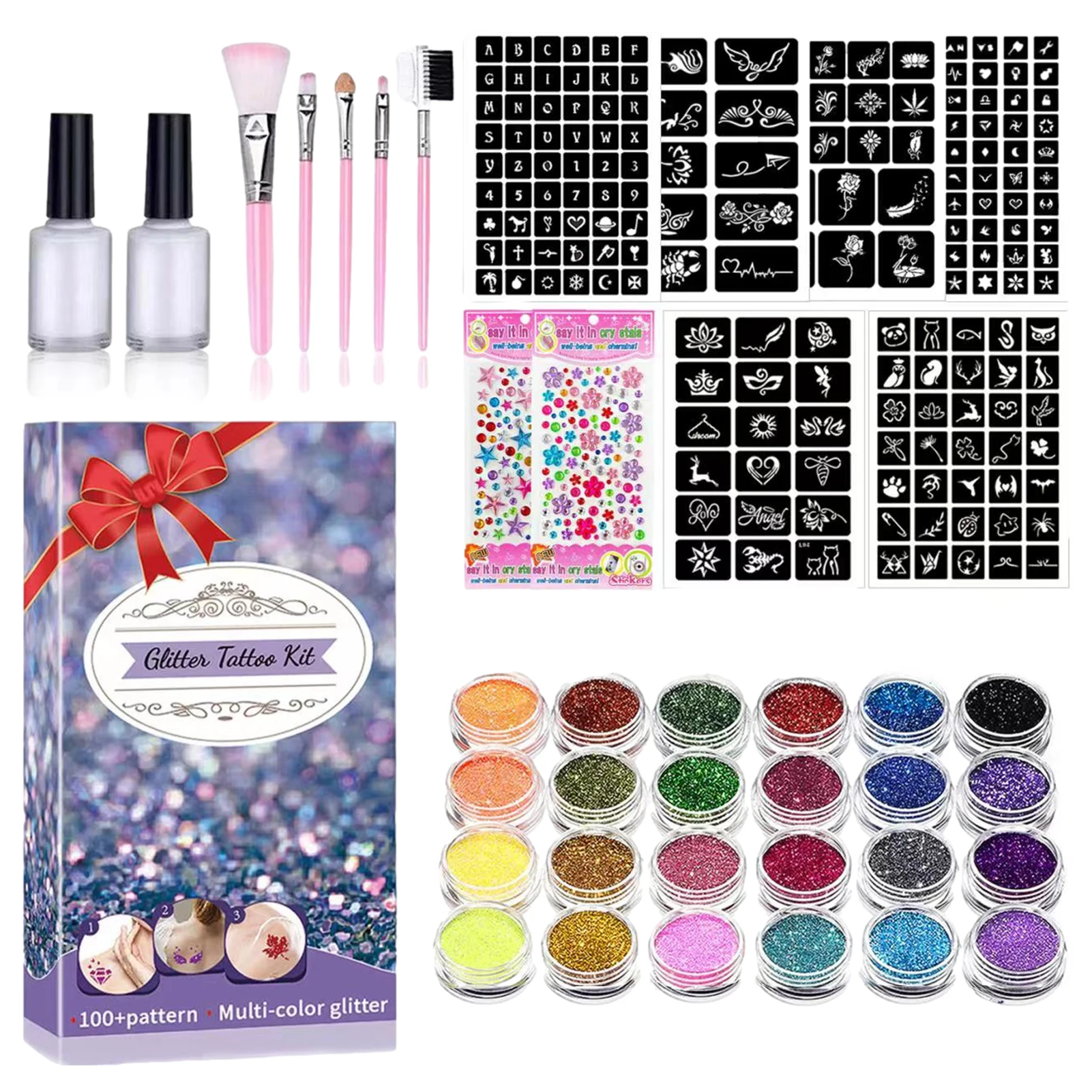 Kit d'autocollants pour le corps à paillettes, 24 couleurs, tatouages temporaires à paillettes pour ongles, maquillage, peintures corporelles avec pochoirs, colle