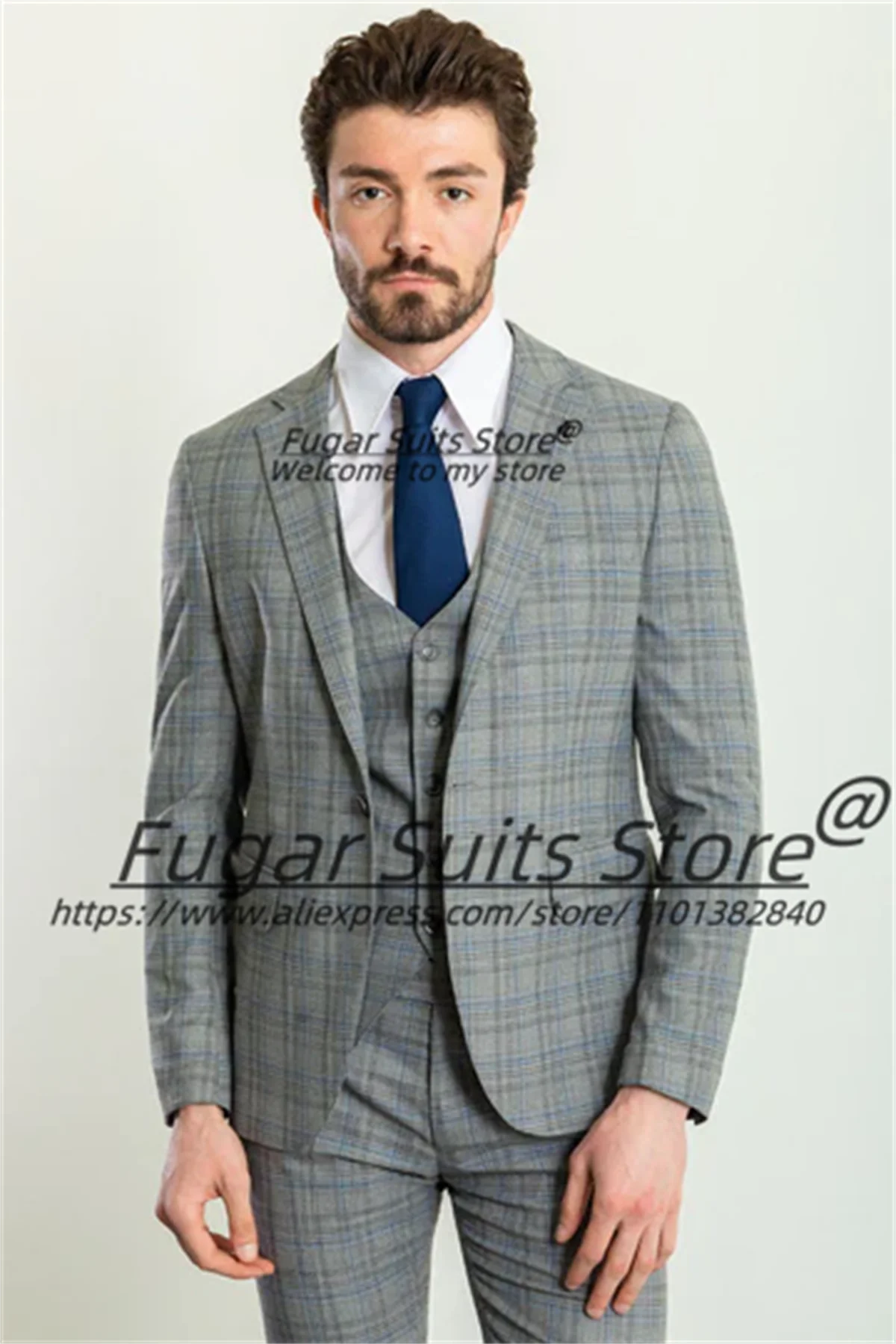 

Customized Slim Fit Notched Lapel Groom Formal Wedding Tuxedos High-end Plaid Men Suits Formal 3 Pieces Sets Male Party Blazers