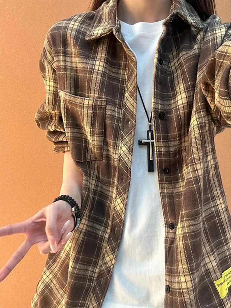 Retro American Plaid Shirt Men's Autumn High Sensation Handsome Long Sleeve Shirt Cleanfit Layering Inner Wear Outerwear