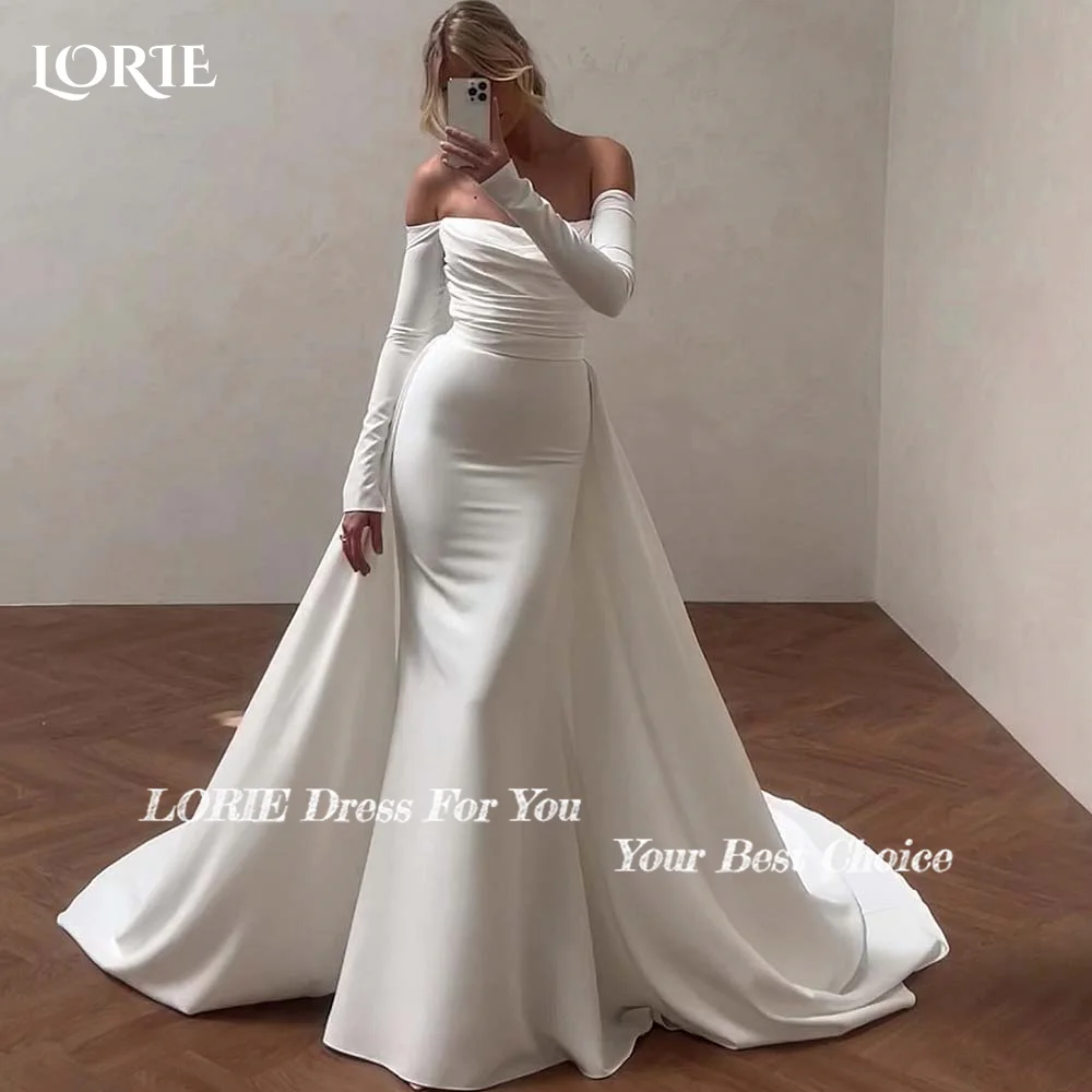 

LORIE Off Shoulder Mermaid Wedding Dresses Detachable Train Bodycon Elastic Satin Bridal Gowns Customed Cape Bride Dress