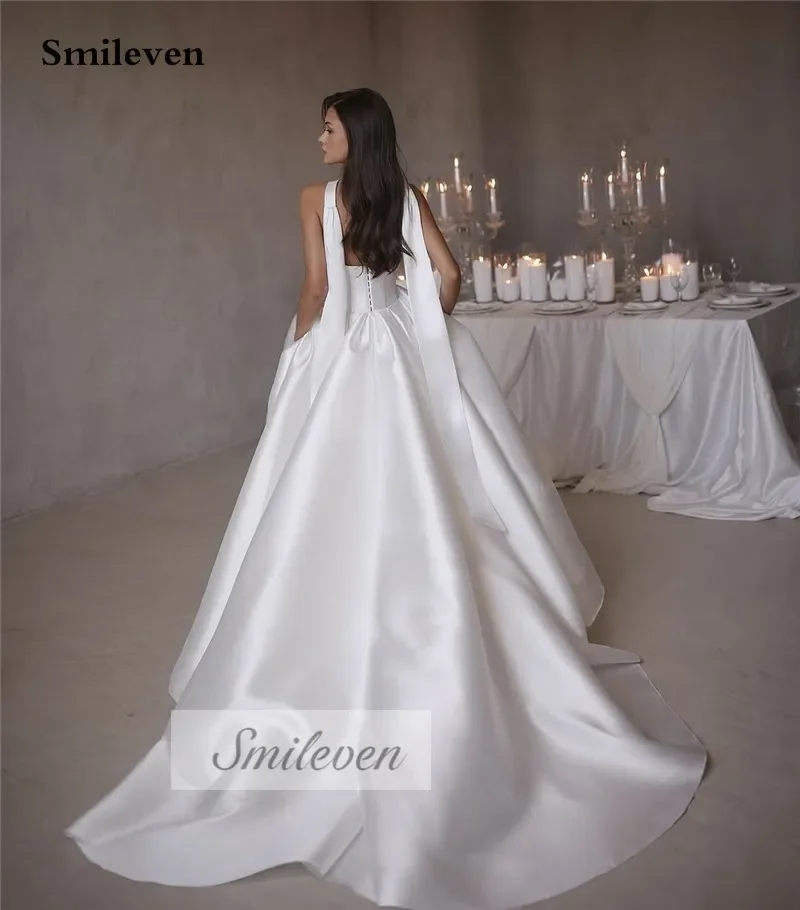 Smileven 2025 White A-Line Satin Wedding Dress Strapless Bride Gown with Pockets Customizable Vestido De Novia