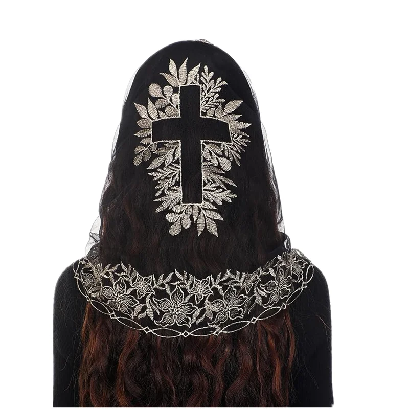 Black Gold Rectangular Shape Head Coverings Lace Veils Church Chapel Veils