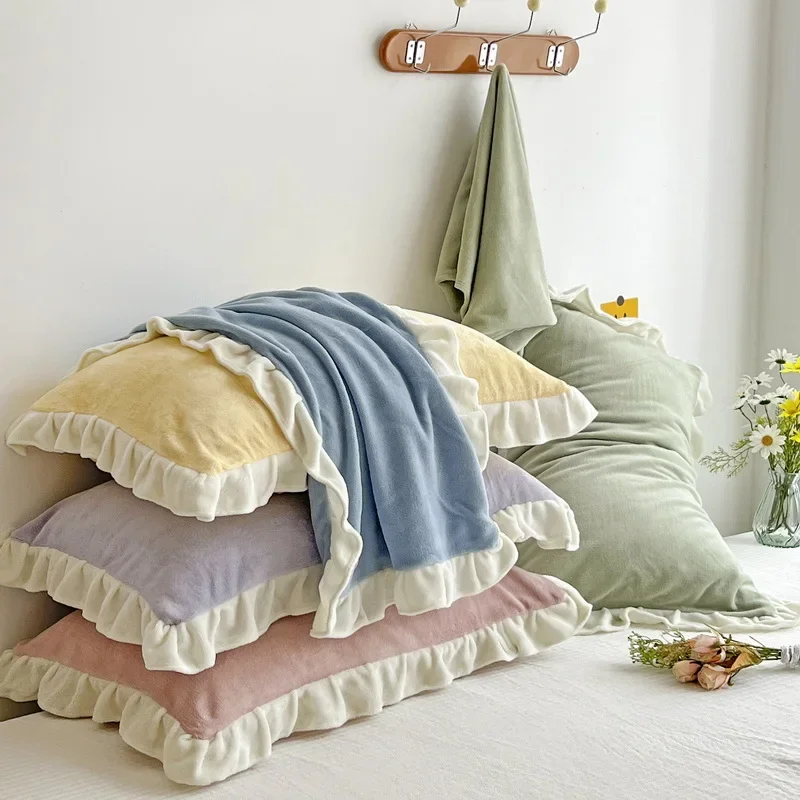 2Pcs winter thickened milk fluff edge pillowcase, a pair of solid color pillowcases, household cute bed decoration
