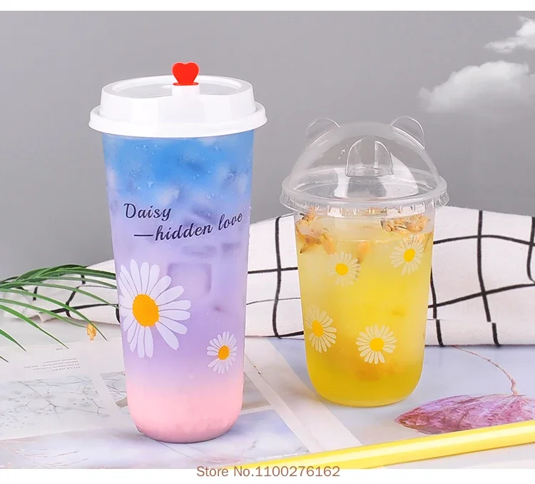 100 Stück/Packung 500ml Einweg-Plastikbecher für Bubble Tea U-förmige Dessertbecher mit Cartoon-Plastikdeckel Individuelle Anpassung Möglich