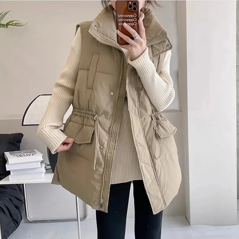 

2025 New Autumn Winter Down Cotton Sleeveless Thick Warm Vest Jacket Women's Fashion Mid Long Ladies Waistcoat Coat Female Tops
