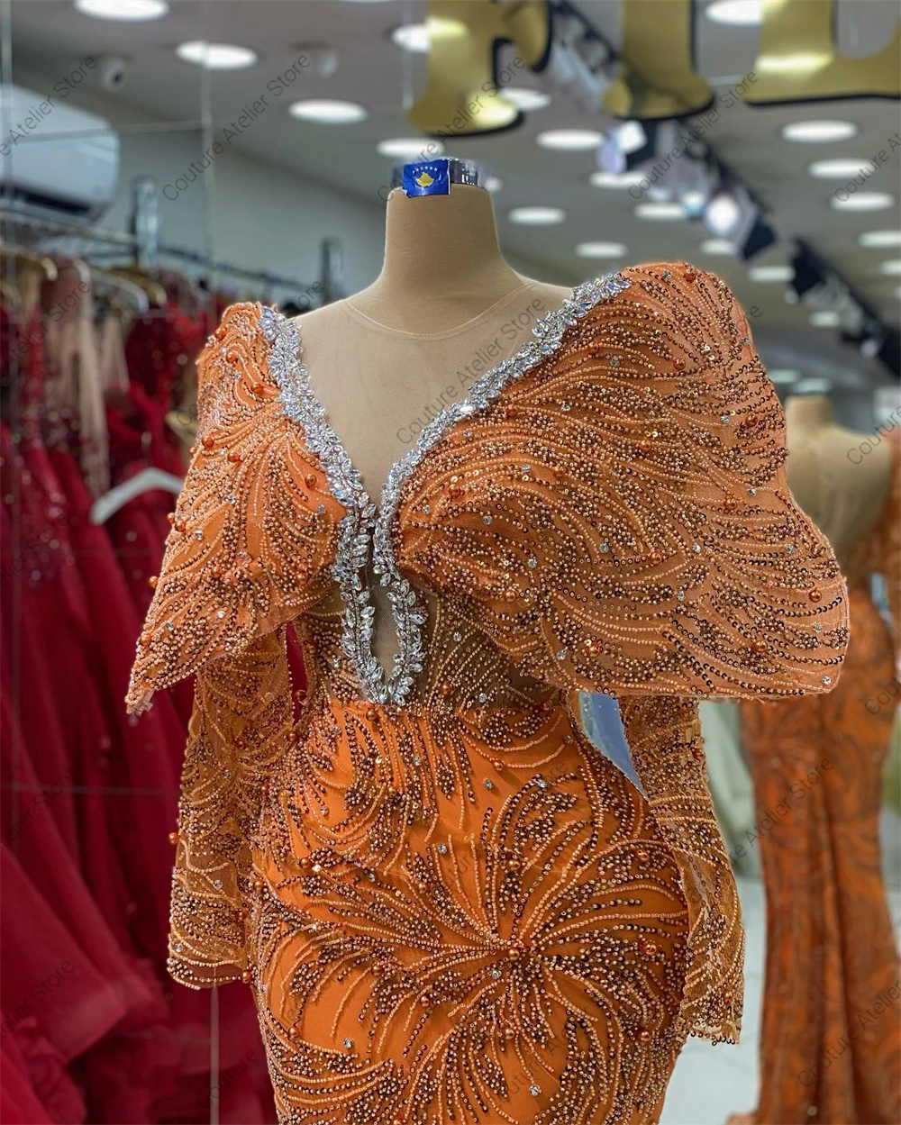 Chic Mexican Orange Evening Dresses For Special Events Beads Long Sleeves Crystal Mermaid Arabic Elegant Party Dress Customized