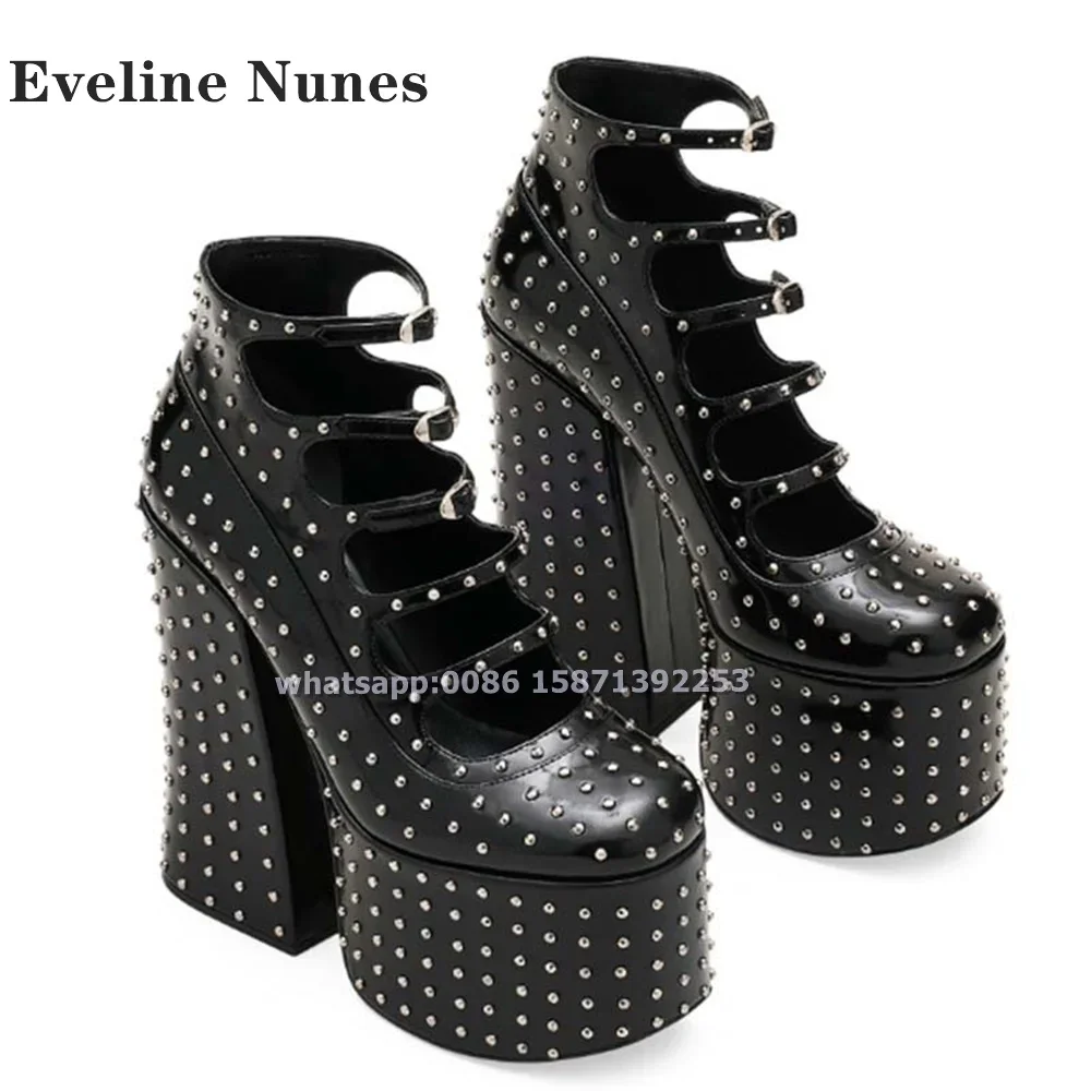 

Platform Rivet Belt Buckle Sandals Round Toe Height Increasing Cut Out Shallow Black High Heels Plus Size Runway Show Sexy Shoes