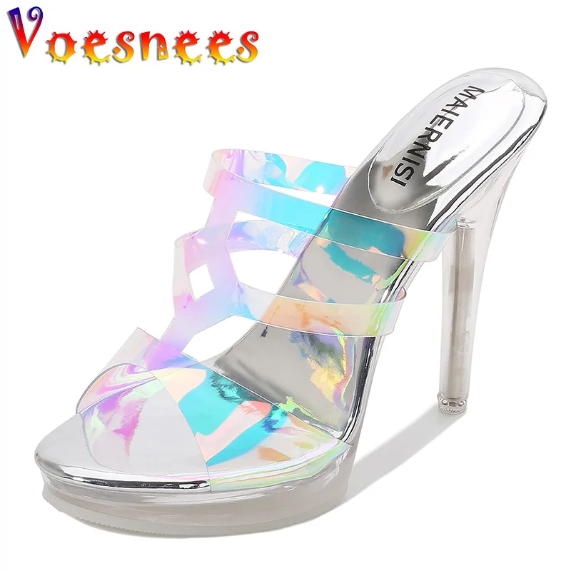 Women Sandals Half - drag Color Change Sexy Transparent Slippers Summer Fashion Party High heels 12CM Open Toe Female Shoes