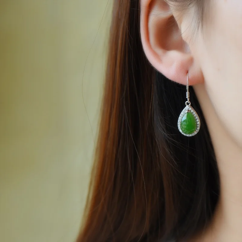 SGARIT Authentic Jadeite Hetian Green Jade S925 Silver Inlay 11*32mm Waterdrop Hook Earrings Luxury Setting Unique Design Style