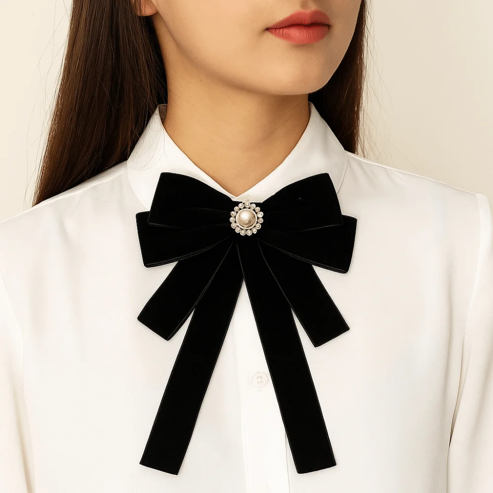 Sparkling Velvet Black Ribbon Pin Beads Rhinestones Black Bow Necktie Pin Multi-layer Ribbon Badge Brooch Parties