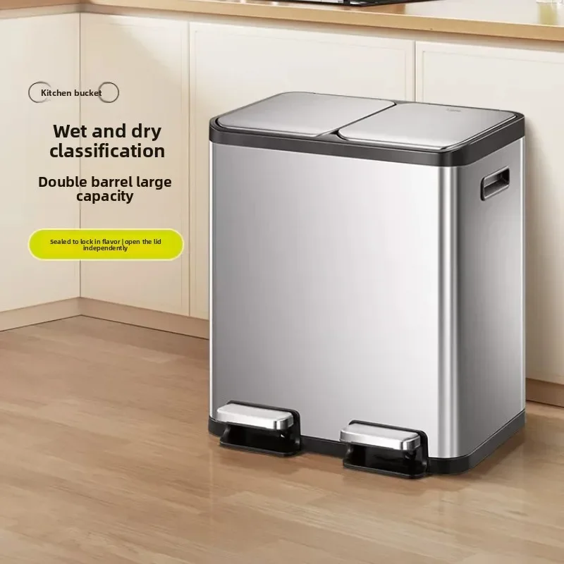 Kitchen Kitchen Dual Compartment Trash Can Stainless Steel Garbage Bin Large Capacity Recycling Waste Basket Dry Wet Separation Waste - Aliexpress Deal