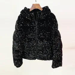 Autumn and winter velvet sequins fashion down jacket for women, white duck down, long sleeved jacket, thick style