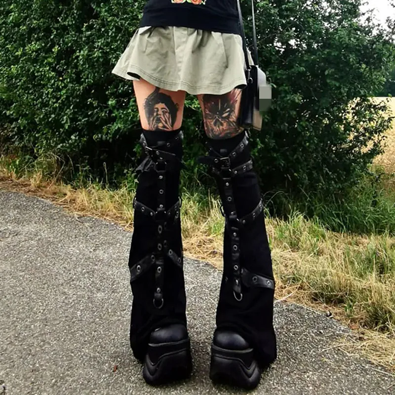 Calentador de piernas estilo Punk, calentadores de piernas con hebilla de Metal negro, mallas hasta la rodilla tejidas, calcetines para botas para mujer