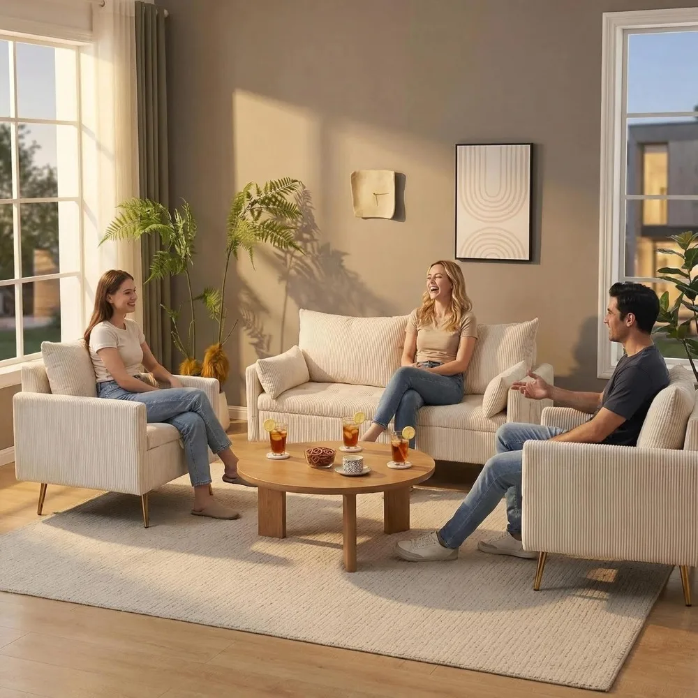 

3-Piece Storage Sectional Sofa and Couch Set, Corduroy Loveseat with 2pc Accent Single Chairs, Customized