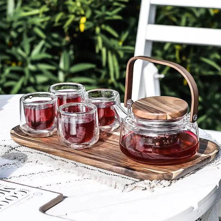 

6 Sets / Set Kung Fu Tea Set Transparent Glass Teapot Sets Anti-hot Double Cup Japanese Cold Kettle Wooden pallets Tray set Gift