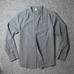 Spring Men's Long Sleeve Slim Fit Shirt Vintage Cotton Linen Stand Collar Single Breasted Daily Simple Button Down Shirts Man