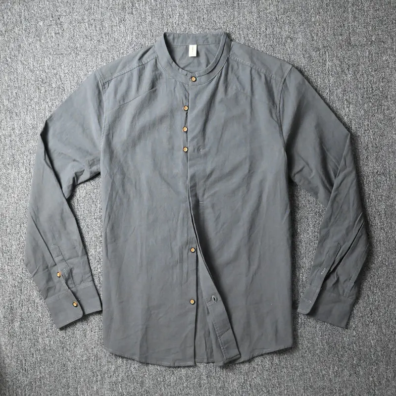 Wiosenna męska koszula z długim rękawem Slim Fit Vintage bawełniana lniana stójka jednorzędowa codzienna prosta koszula męska zapinana na guziki