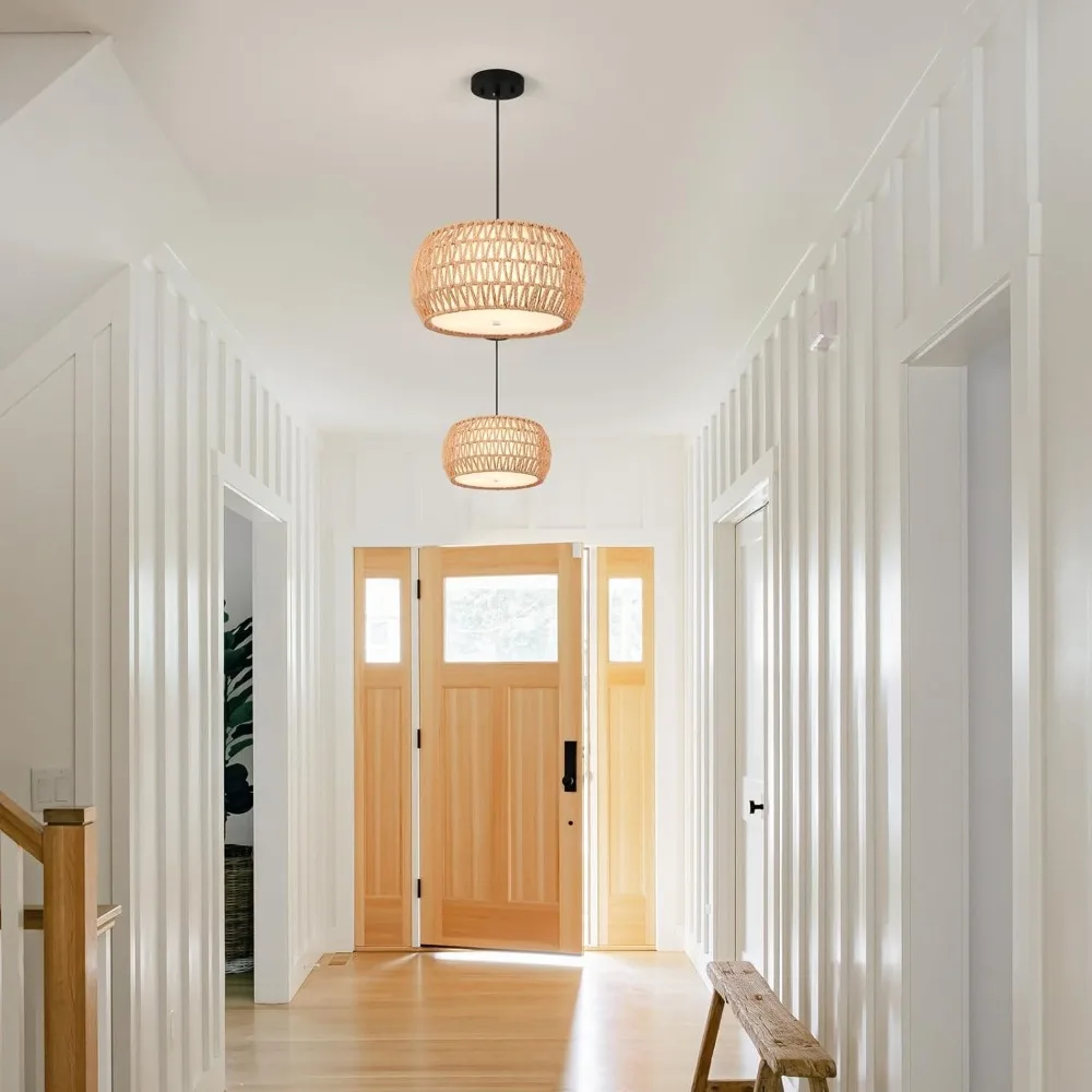 Boho Wicker Pendant Light Natual Hemp Rope Drum Ceiling Lamp Light Fixture LED Chandeliers for Dining Room Living Room Resturant