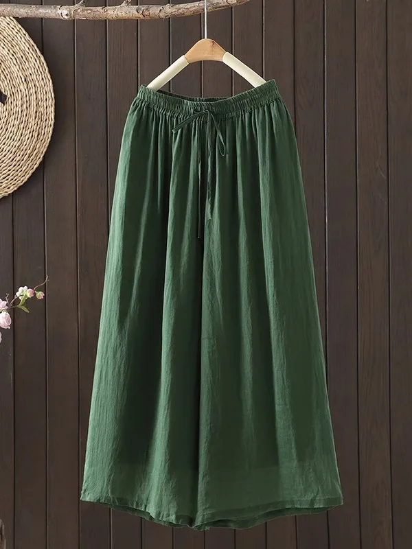 القطن الكتان بنطال ذو قصة أرجل واسعة تنورة عالية الخصر فضفاضة تناسب رقيقة مرنة الصيف بناطيل كاجوال للنساء خمر قطع مستقيمة