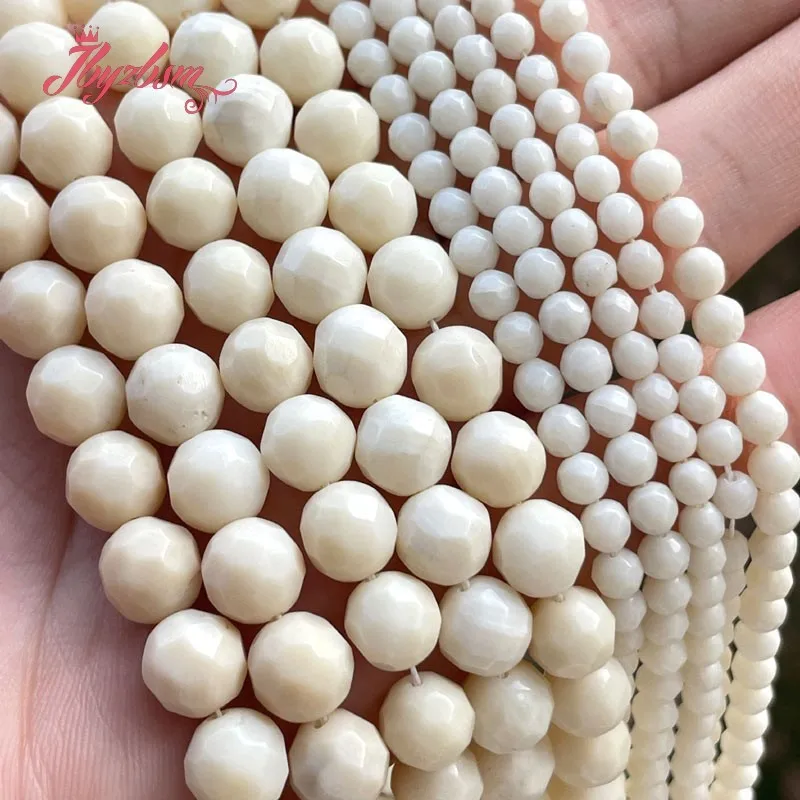 Free Shipping Natural White Coral Faceted Round Stone Beads Loose For DIY Necklace Bracelets Jewelry Making Strand 15\