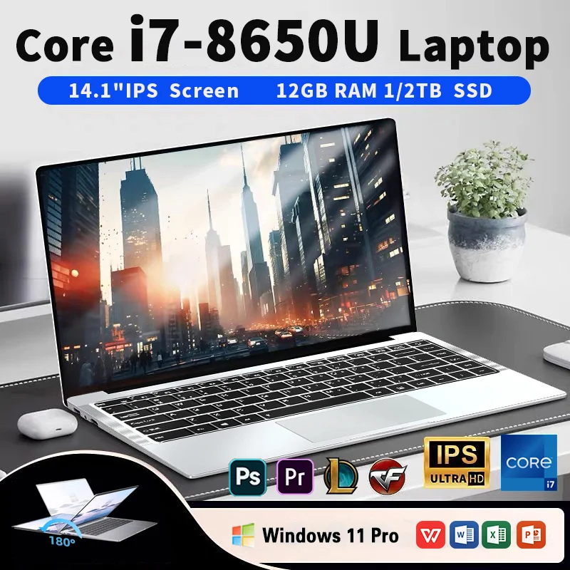 

2025 NEW Core i7-8650U laptop 12GB RAM 1/2TB SSD Portable laptops 14.1-inch Windows 11 Por Notebook computer Office Gaming
