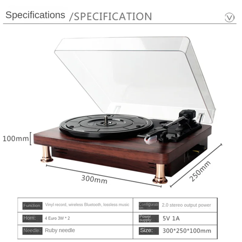 Retro Vinyl Record Player W/ Dustproof Cover Record Player 33/45/78RPM Turntables Gramophone Phonograph,Type B, EU Plug