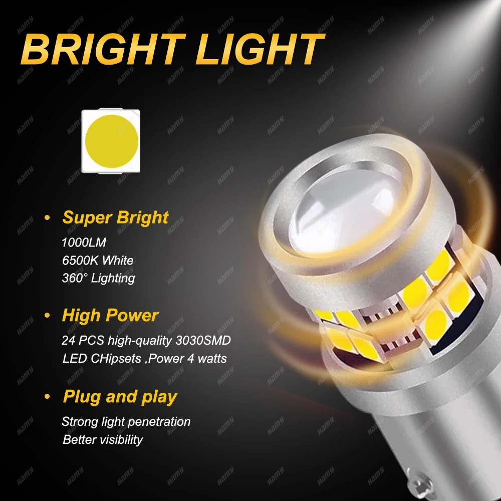 2/4 1157 BAY15D 1156 BA15S LED Bulbs Car Turn Signal Tail Parking Brake Reverse Lights 12V 3030-24SMD 7000K White Red Yellow