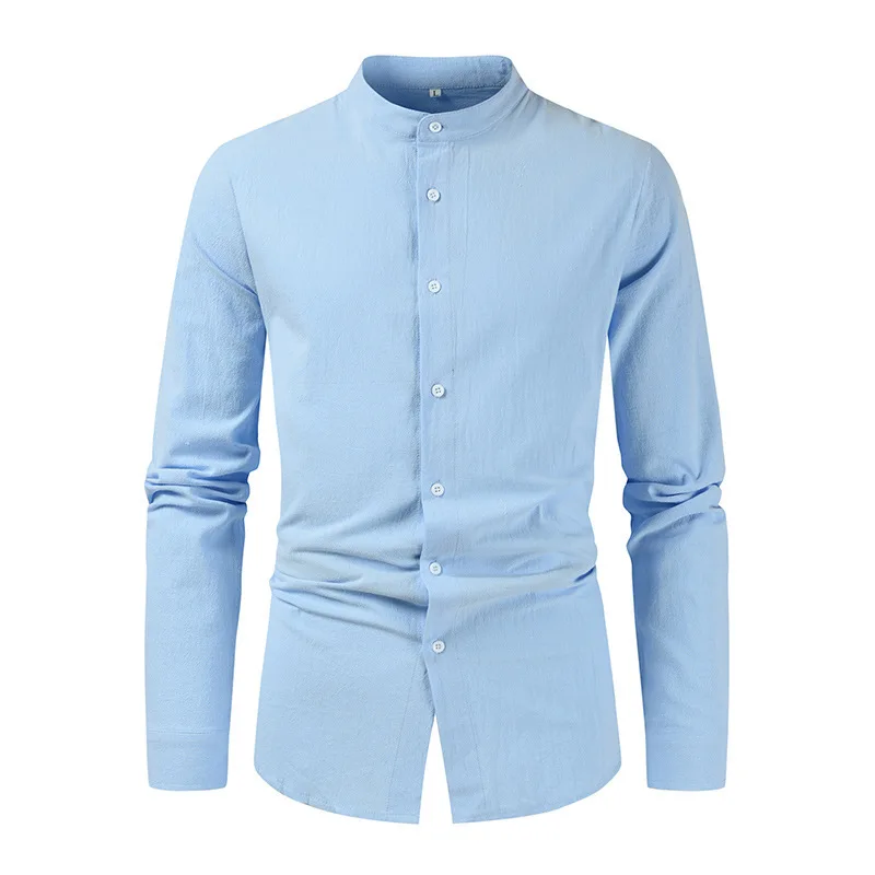 New Autumn Long Sleeve Shirt Men Stand Collar Cotton Casual Male Blouse Vintage Solid Color Single Breasted Shirts Man