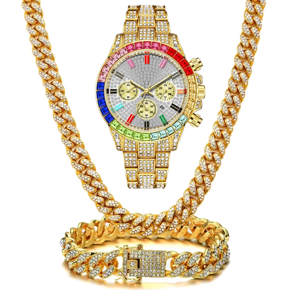 Luxury Unisex Jewelry Set Bling Icedout Cuban Necklace Watch Bracelet For Man Street Style Bar Club Rap Holiday Gifts Daily Wear