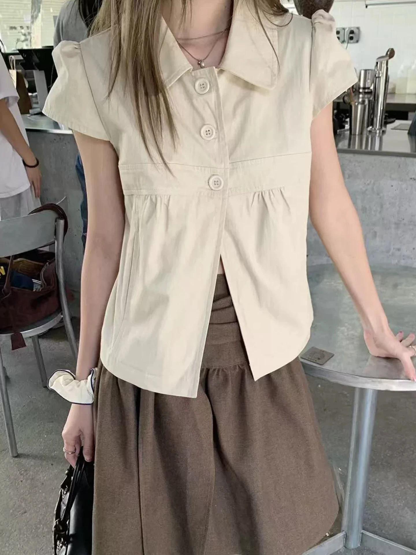 

Liangliang Women's Bubble Sleeve Shirt Three Button Short Style Turn-down Collar Commute Style Polyester Fiber Summer New Arr...