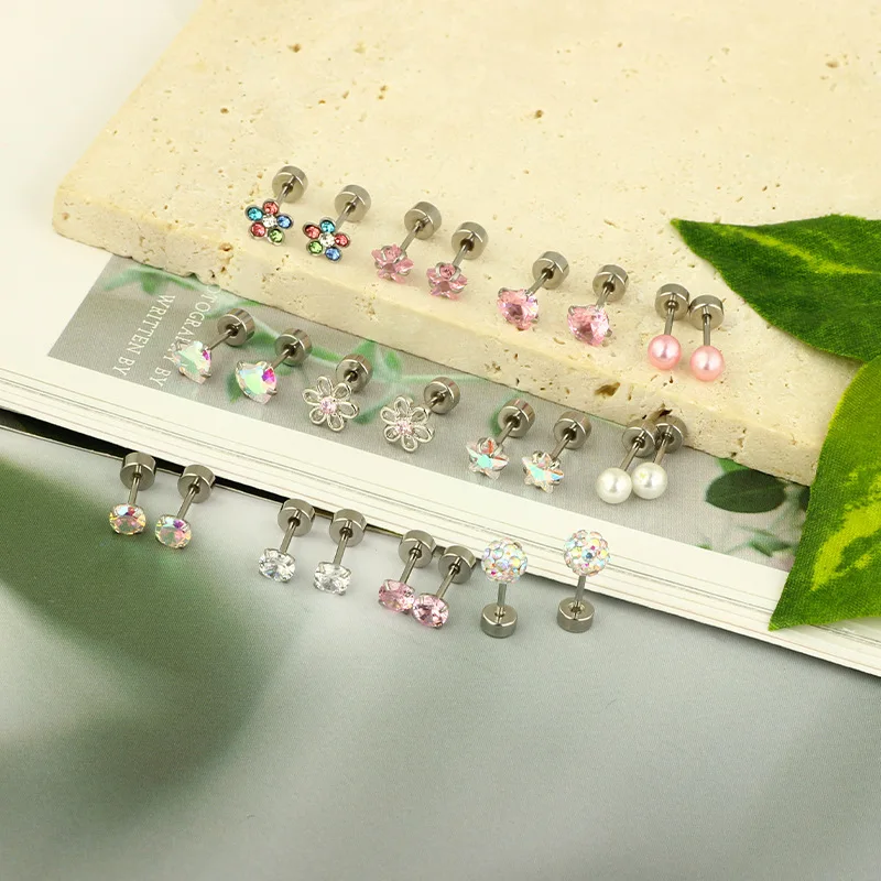 1Set New stainless steel five-pointed star ear stud Advanced screw stud Pink 24-piece body piercing set