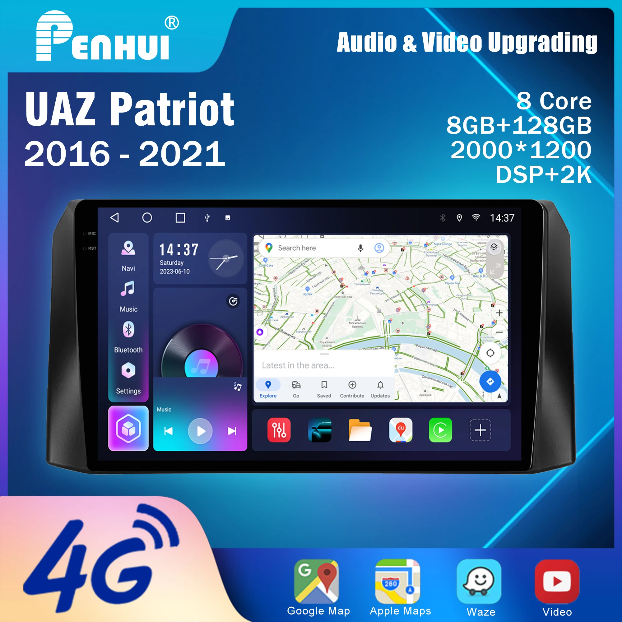 Penhui Android Car DVD Player 2 Din for UAZ Patriot 2016 - 2021 Multimedia Screen with DSP, Bluetooth, Audio & CarPlay