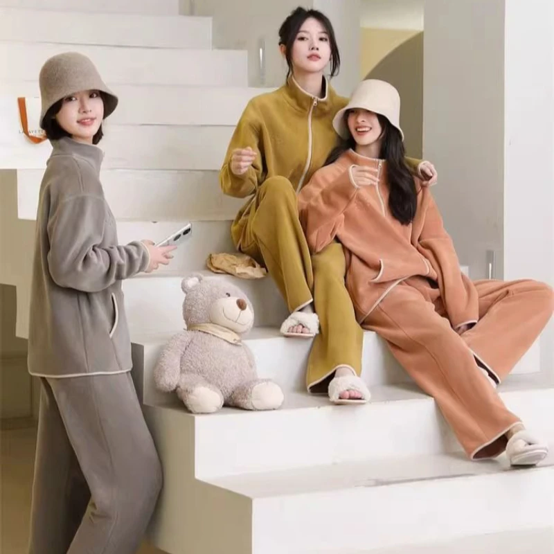 

American retro spicy girl plus size Velvet Fleece zipper pajama set winter women double pockets loose warm comfortable home wear