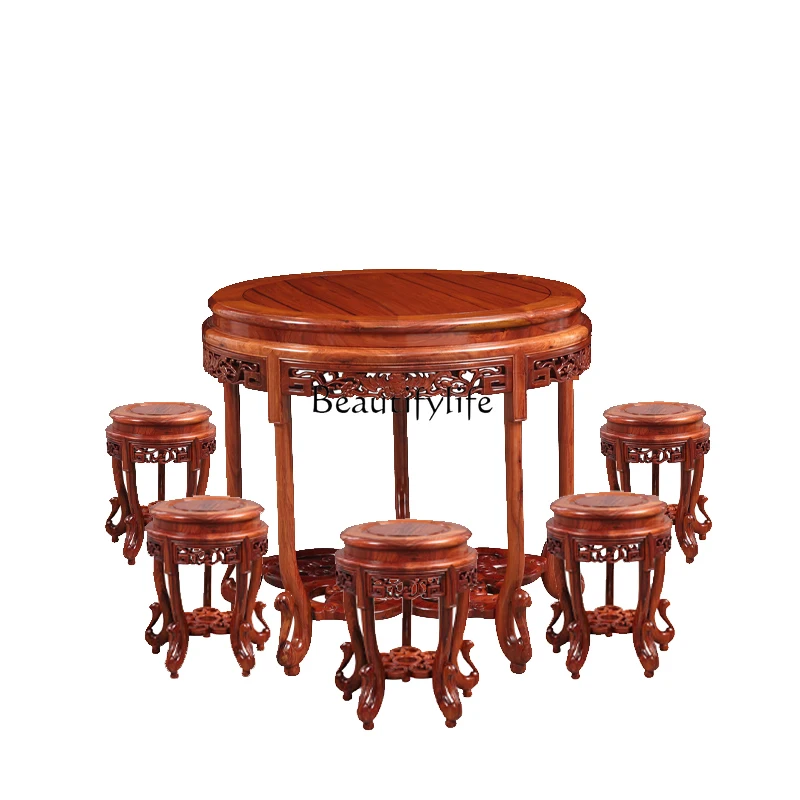 

Mahogany Burmese rosewood red sandalwood round table carved round table Chinese style