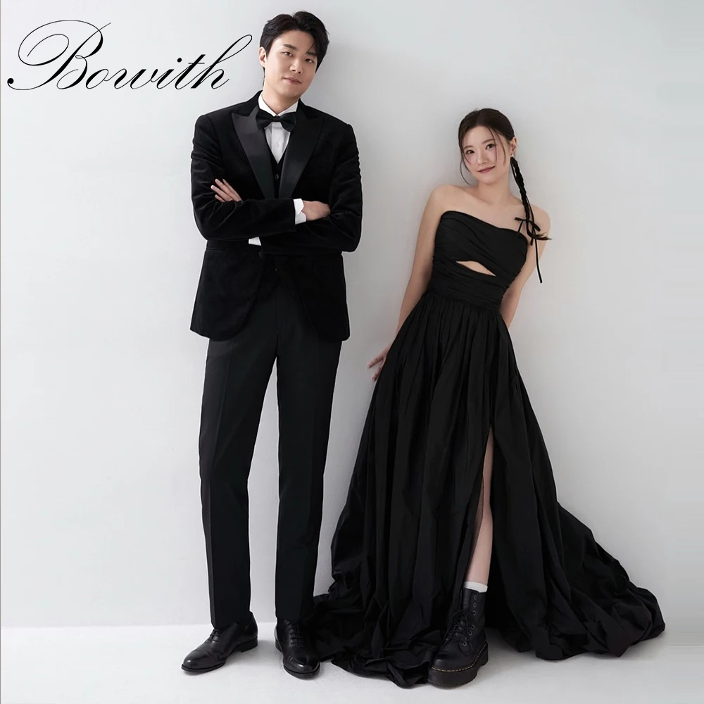 

Bowith Elegant Black Evening Dresses Korean Photoshoot Strapless Side High Slit Wedding Party Gowns Floor Length Customized