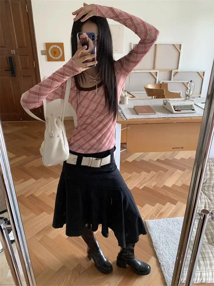 Tonngirls Vintage Plaid T Shirt Women Skinny Tee Tops Streetwear American Retro 90s Crop Tops See Through Tshirts Female Chic